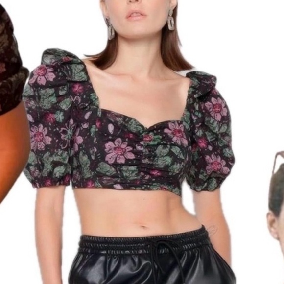 Zara Bustier Top Cropped Floral Smocked Back Puff Sleeve Size Small NWOT - Picture 10 of 10